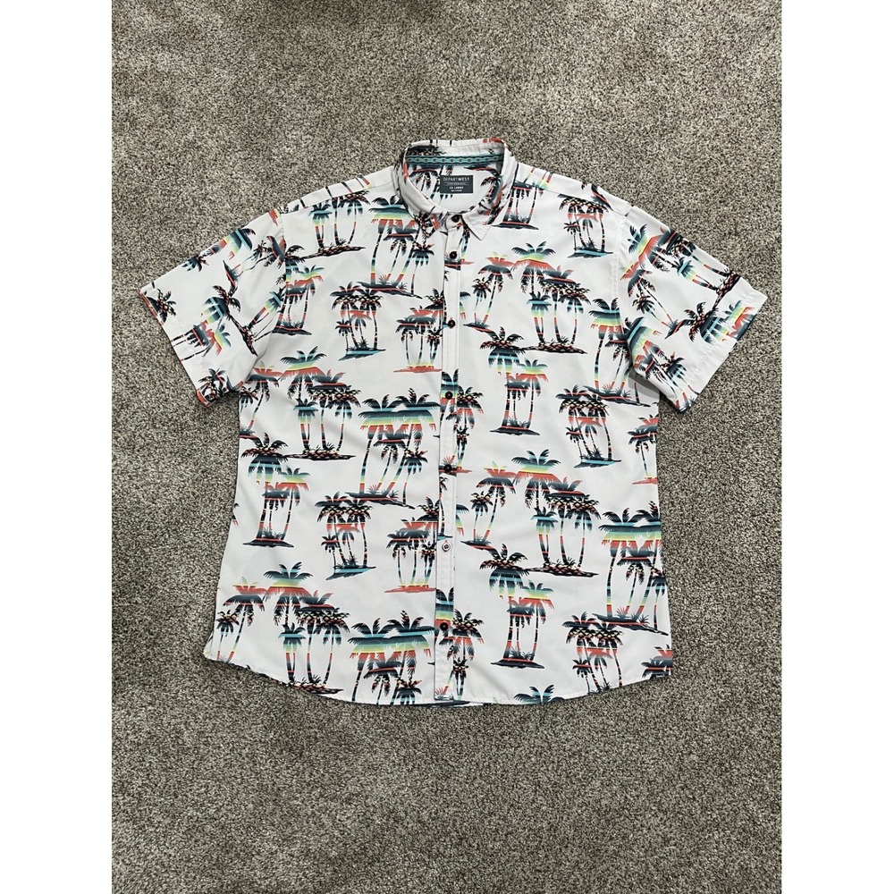 Departwest Performance Mens 2XL Palm Tree Tropical Short Sleeve Button Down Top